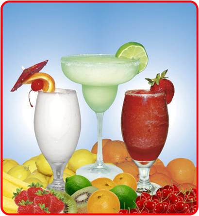 Three Frozen Cocktails in Glasses with Fruit Garnishes