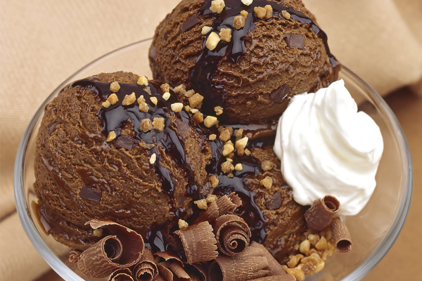 Bowl with Scoops of Chocolate Ice Cream, Chopped Nuts, Chocolate Shavings and Syrup and Whipped Cream
